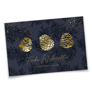 Dunkelblaue Weihnachtskarten mit drei goldenen Tannenzapfen.