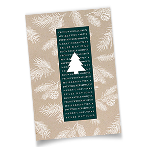 Hellbraune Weihnachtskarten mit weißen Tannenzweigen und grüner Leiste.