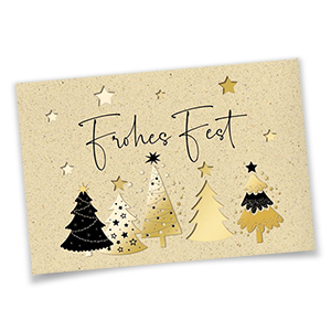 Beigegraue Weihnachtskarten mit Schwarz-, Goldfolienprägung und Formstanzung.