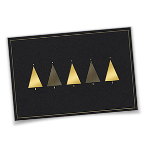 Schwarze Weihnachtskarten mit goldenen Folienprägungen.