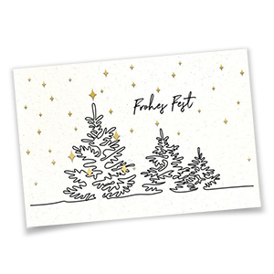 Weiße Weihnachtskarten mit schwarzen und goldenen Folienprägungen.