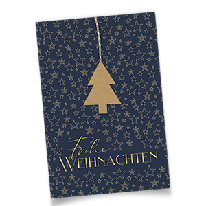 Blaue Weihnachtskarten mit goldenen Folienprägungen und Holzanhänger.