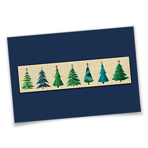Blaue Weihnachtskarten mit hellbrauner Banderole.