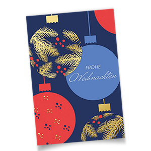 Blaue Weihnachtskarten mit roten und goldenen Akzenten.