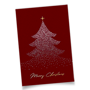 Rote Weihnachtskarten mit silbernem Weihnachtsbaum und goldener Folienprägung.