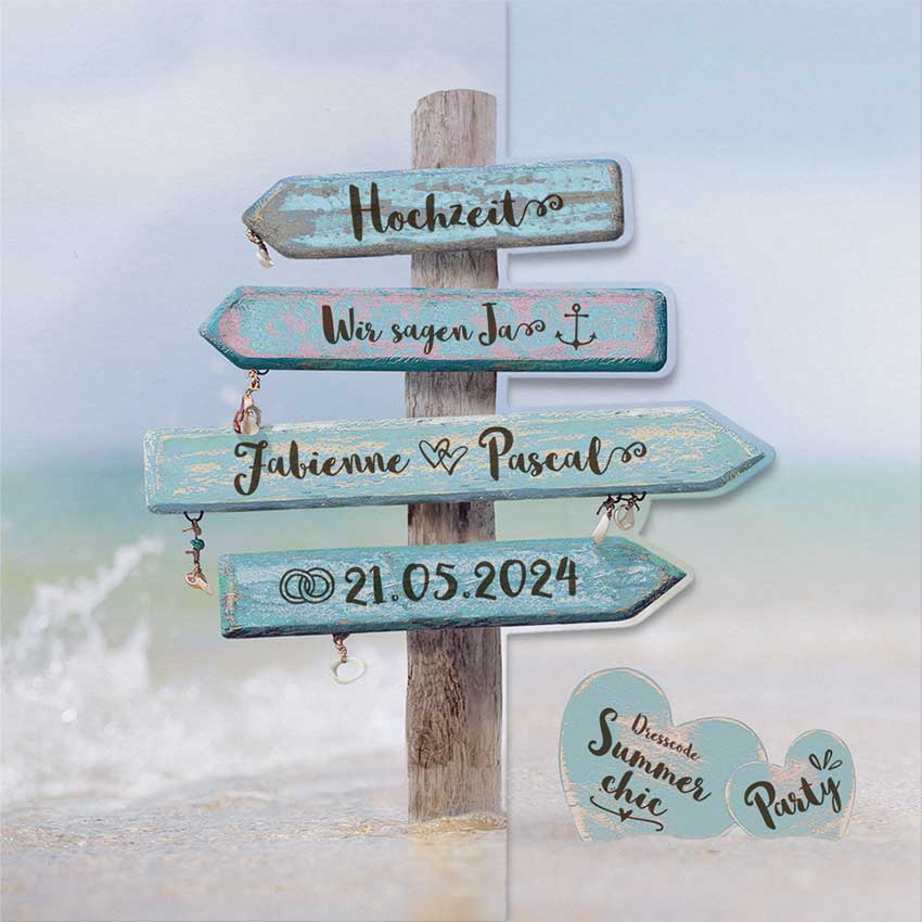Vergrößerte Abbildung Hochzeitseinladung mit Wegweiser vor Strand
