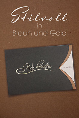 Elegante Hochzeitseinladungen, braun, gold und kupfer.